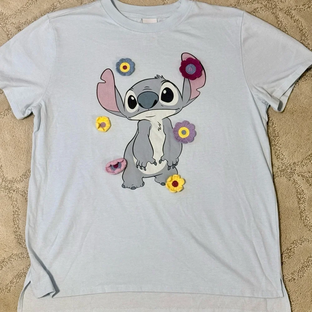 Disney Light Blue Stitch Tee with Colorful Flower Appliqués - Picture 1 of 4